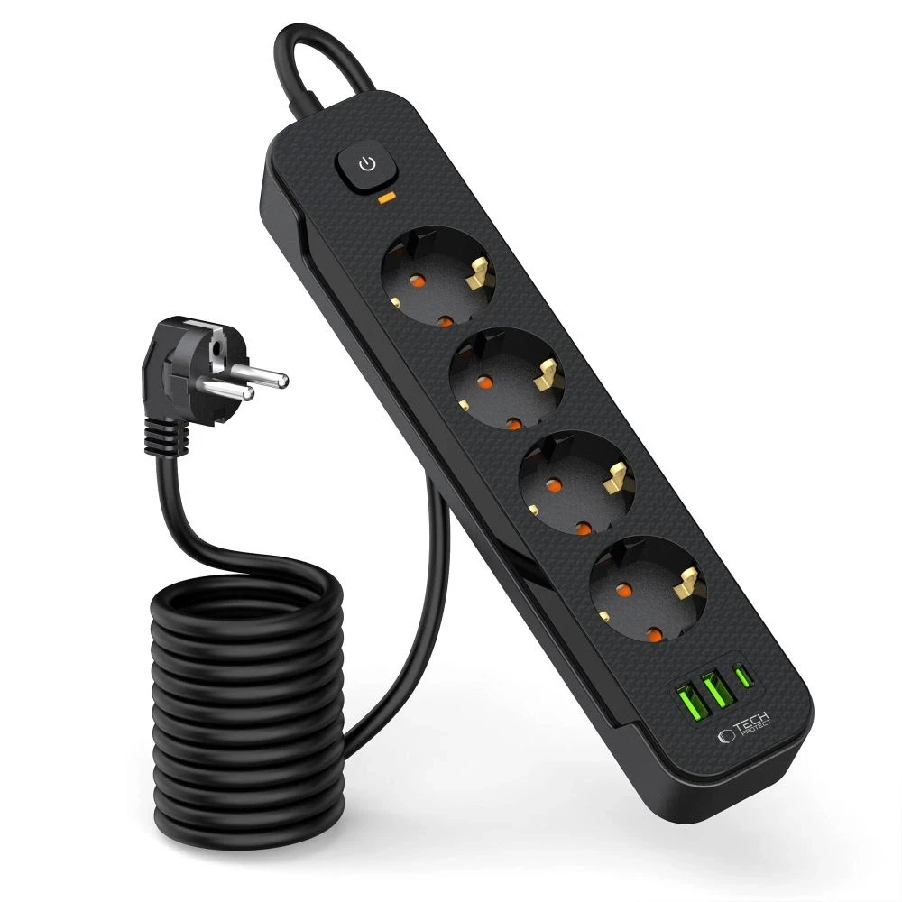 „Tech-Protect PCL4X3“ maitinimo lizdas, 4 lizdai, 240 V + 2 USB-A + 1 USB-C, 200 cm, juodas