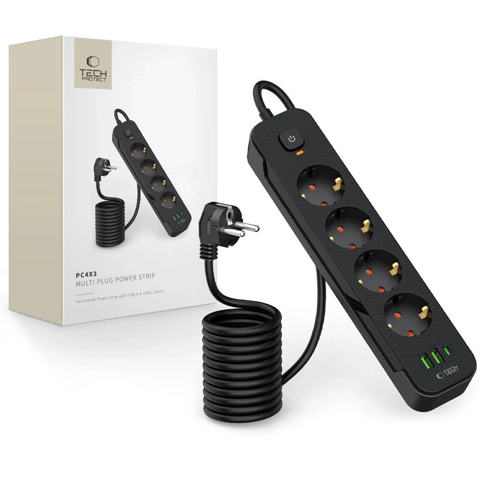„Tech-Protect PCL4X3“ maitinimo lizdas, 4 lizdai, 240 V + 2 USB-A + 1 USB-C, 200 cm, juodas