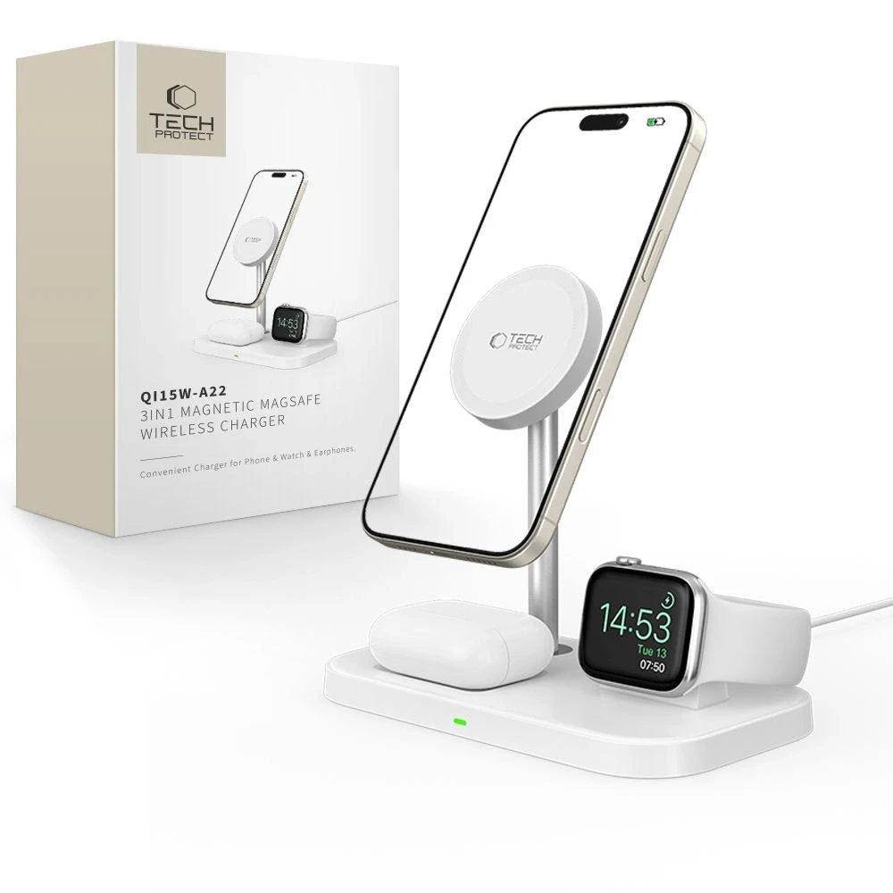 Belaidis magnetinis įkroviklis 3in1 15W telefonams su MagSafe, AirPods, Apple Watch Watch Tech-Protect QI15W A22 baltos spalvos