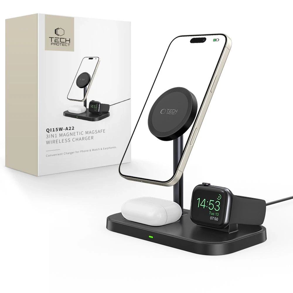Belaidis magnetinis įkroviklis 3in1 15W telefonams su MagSafe, AirPods, Apple Watch Watch Tech-Protect QI15W A22 juodos spalvos
