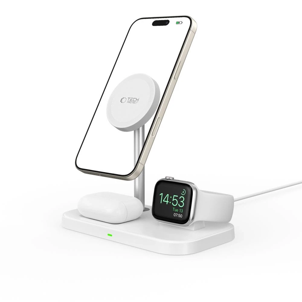 Belaidis magnetinis įkroviklis 3in1 15W telefonams su MagSafe, AirPods, Apple Watch Watch Tech-Protect QI15W A22 baltos spalvos