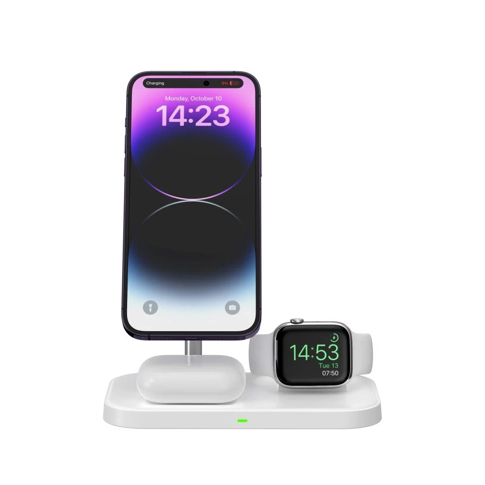 Belaidis magnetinis įkroviklis 3in1 15W telefonams su MagSafe, AirPods, Apple Watch Watch Tech-Protect QI15W A22 baltos spalvos