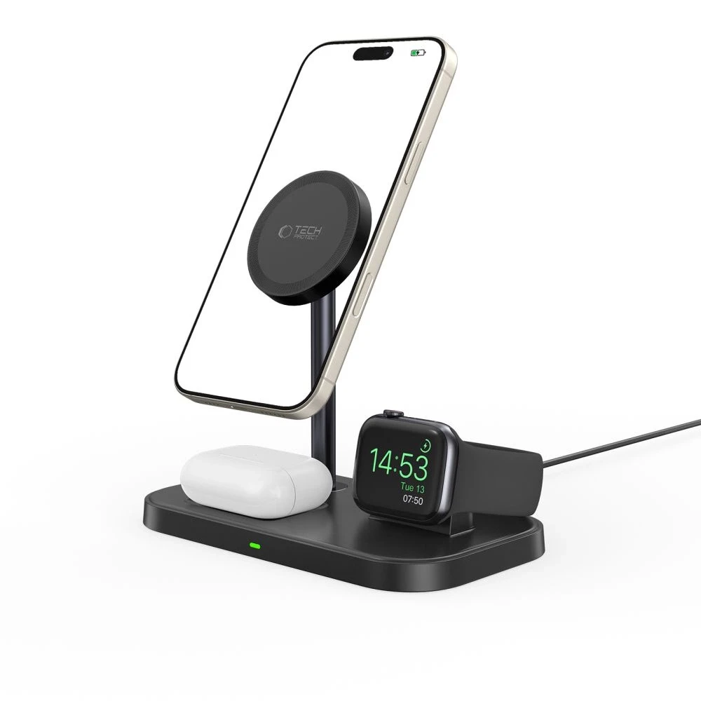 Belaidis magnetinis įkroviklis 3in1 15W telefonams su MagSafe, AirPods, Apple Watch Watch Tech-Protect QI15W A22 juodos spalvos