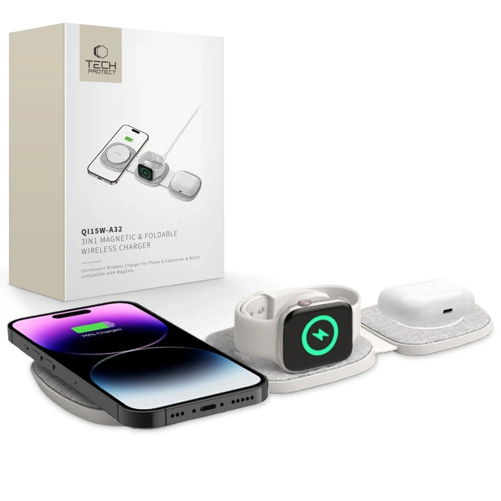 Belaidis magnetinis įkroviklis MagSafe 15W 3in1 iPhone + Apple Watch + AirPods Tech-Protect QI15W-A32 pilkos spalvos