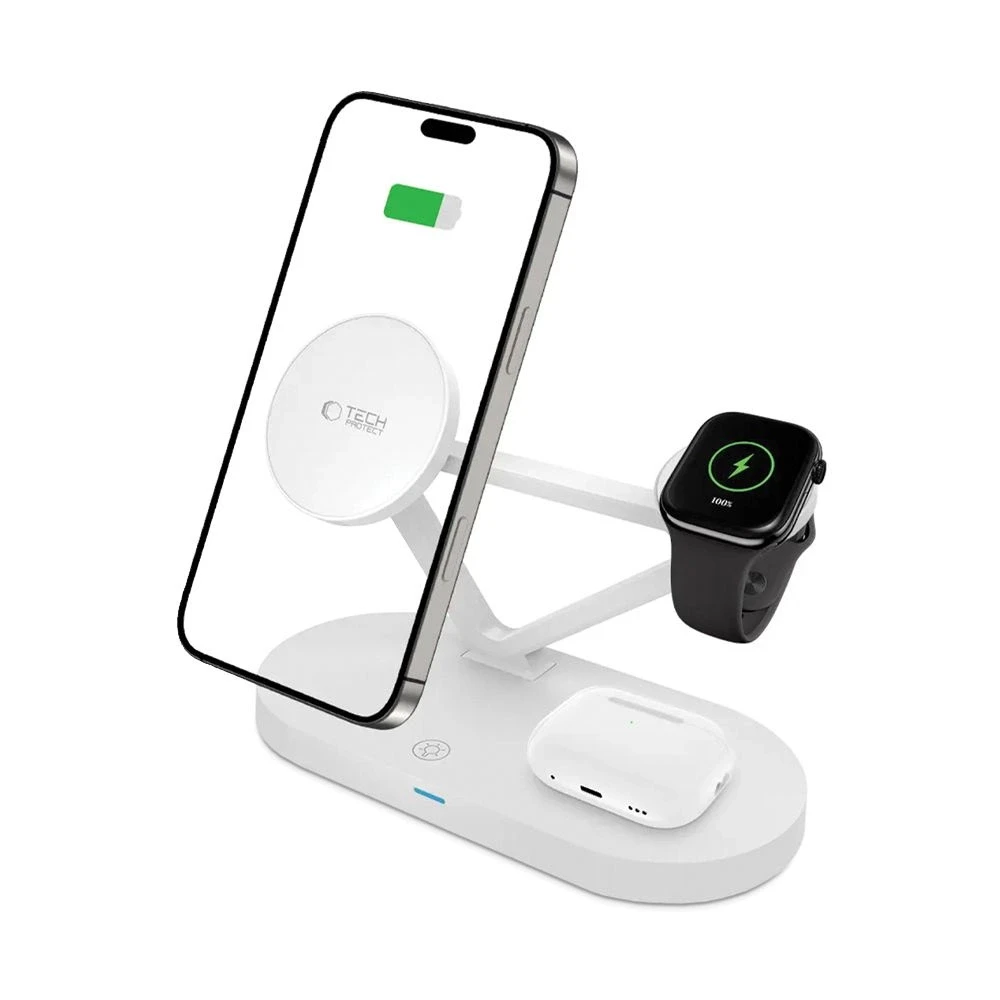 Tech-Protect QI15W-A41 3in1 belaidis įkroviklis su MagSafe for Apple Devices – baltos spalvos
