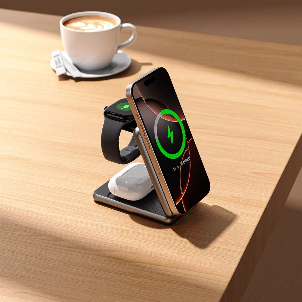 Tech Protect QI15W-A42 3in1 belaidis įkroviklis su MagSafe skirtas Apple Devices – pilkos spalvos
