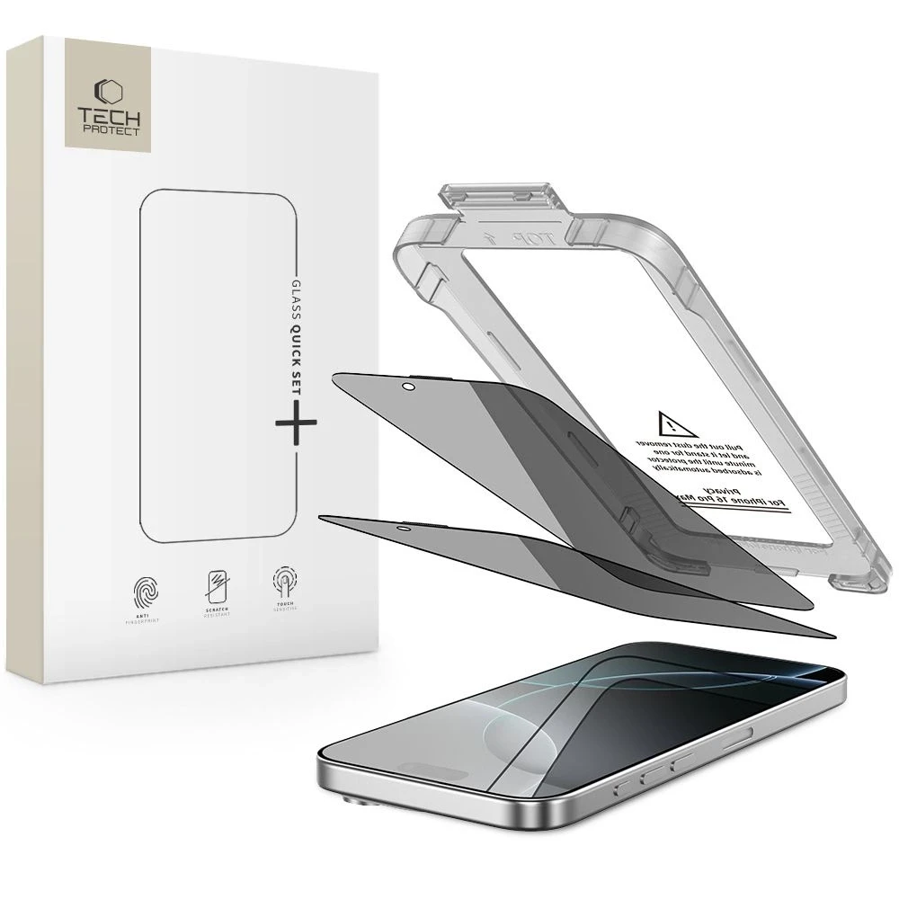 „Tech-Protect Quick Set Spy+“ privatumo stiklų, skirtų „iPhone 16 Pro“, 2 vnt. pakuotėje