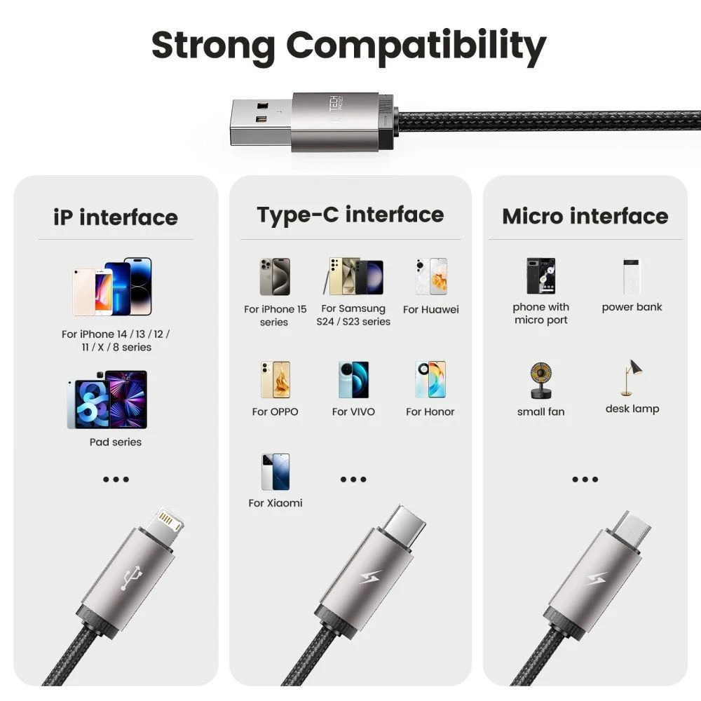 Kabelis 3in1 3.5A 1m USB – USB-C + Lightning + Micro USB Tech-Protect UltraBoost pilkos spalvos