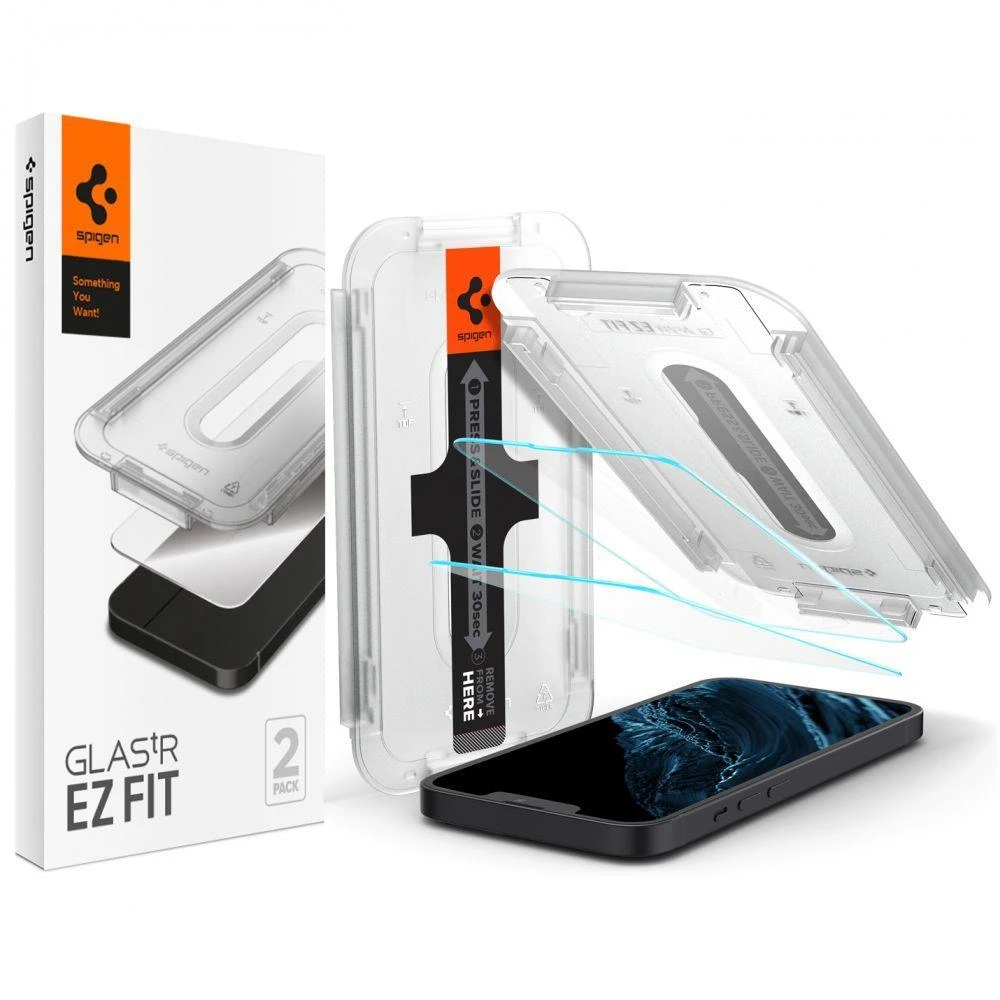 „Spigen tR EZ Fit“ skaidrumo jutiklis, atidarytas, 2 vnt. pakuotėje – „iPhone 13 mini“