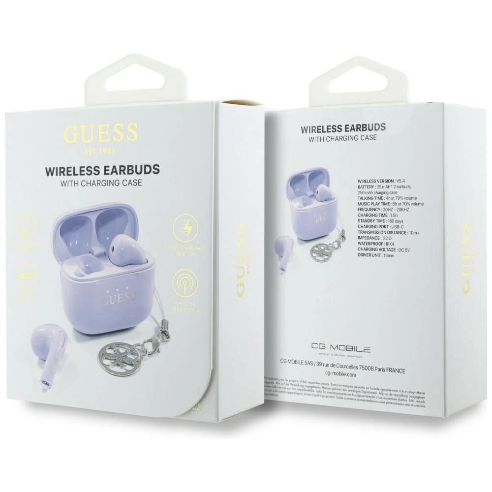 TWS ausinės Guess Glossy Effect Printed Classic Logo & Charm lavender