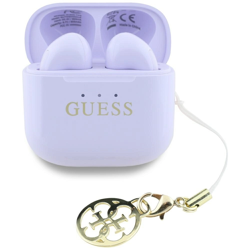 TWS ausinės Guess Glossy Effect Printed Classic Logo & Charm lavender