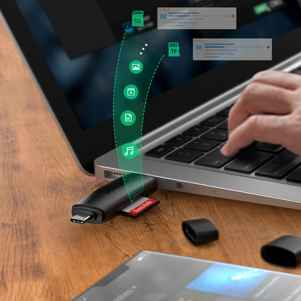 UGREEN adapteris USB + USB-C CM304 kortelių skaitytuvas SD + Micro SD - juodas