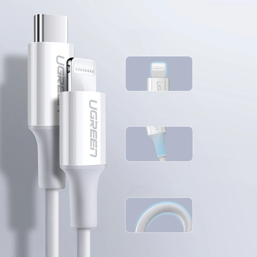 USB-C prie Lightning kabelis UGREEN US171, 3A, 0,25 m (baltas)