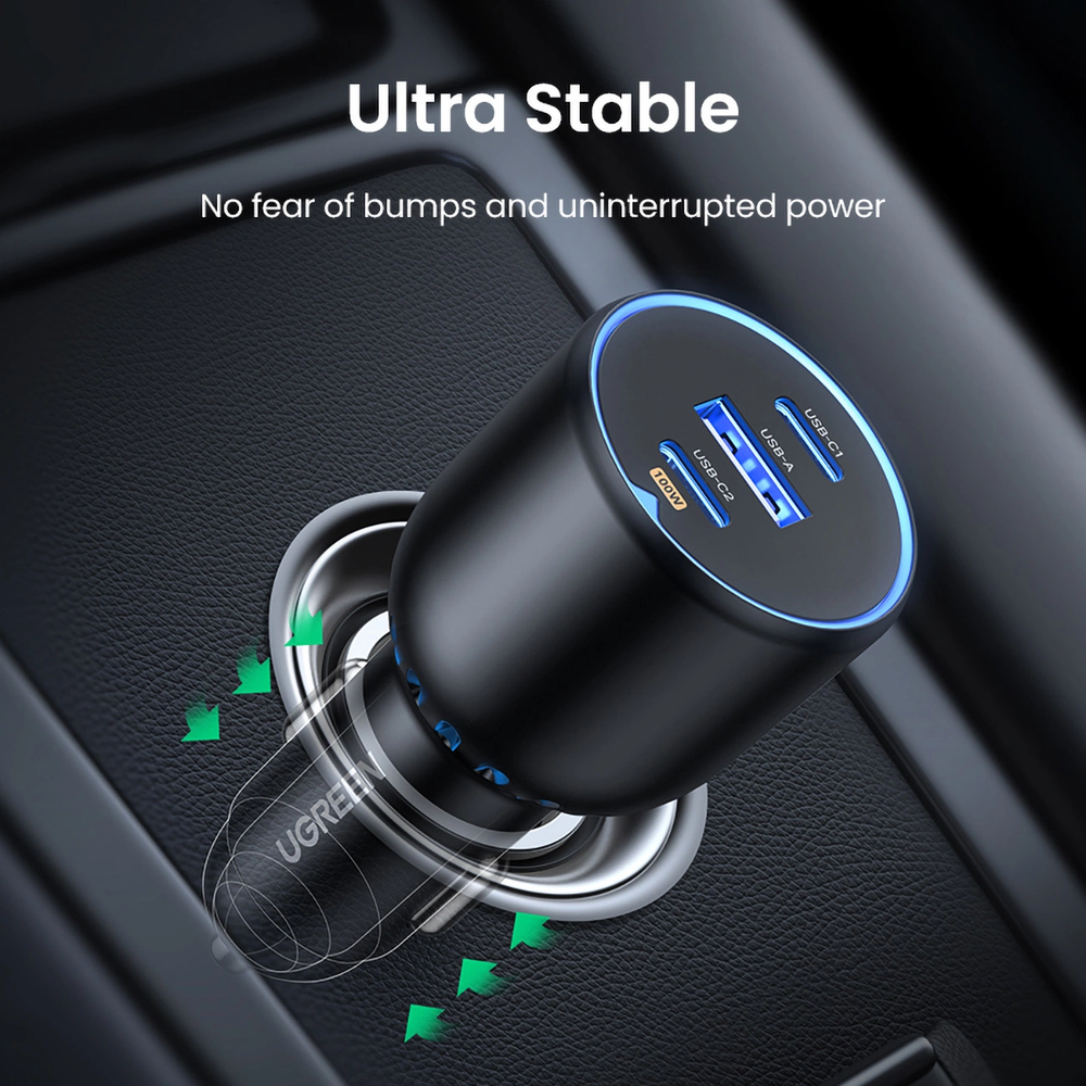 Atomobilnis įkroviklis UGREEN CD293, 2XUSB-C PD+ USB-A 130W juodos spalvos