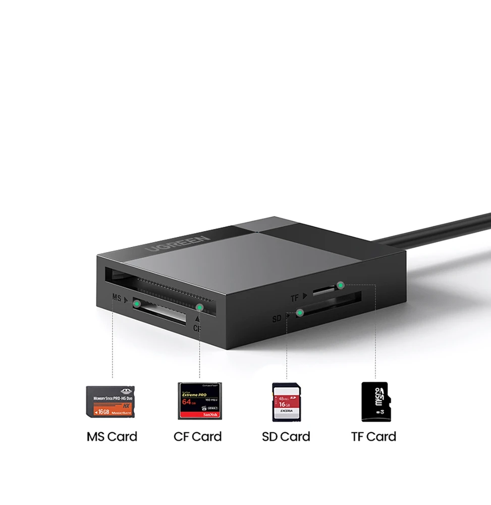 UGREEN 4in1 kortelių skaitytuvas USB 3.0 1m - Juodas