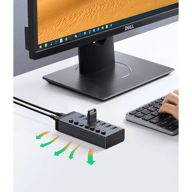 UGREEN Hub 7in1 USB-C, 7x USB-A 3.0 12V 2A (juoda)