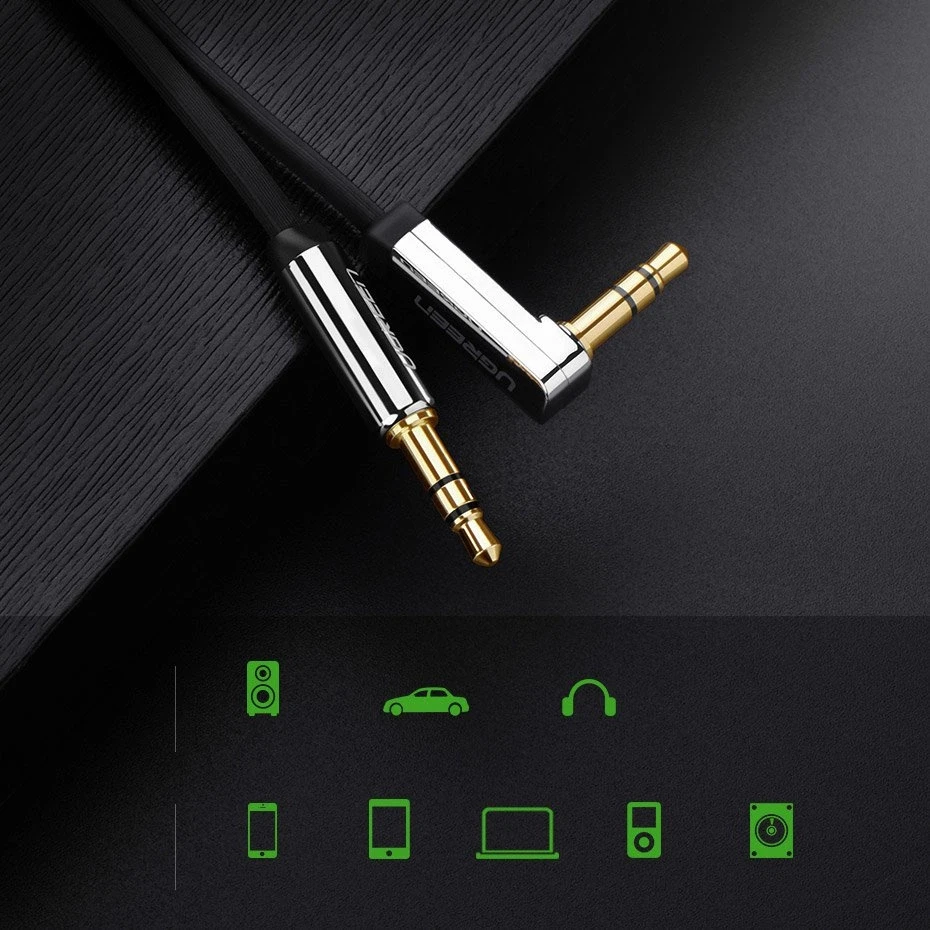 UGREEN mini lizdas 3.5 mm AUX plokščias alkūninis kabelis 1 m (juodas)