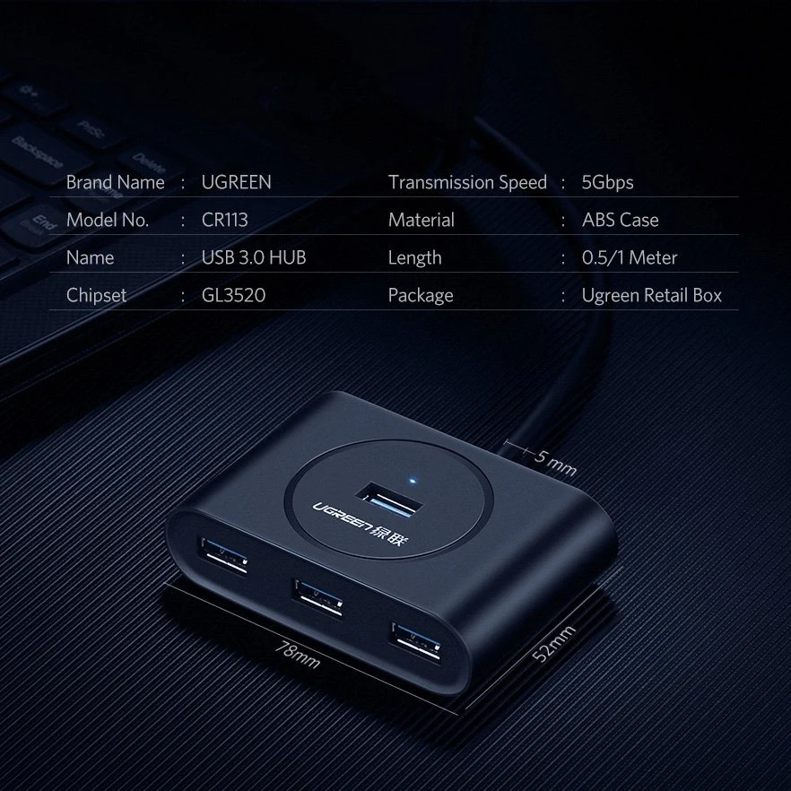 UGREEN USB 3.0 HUB 4in1 0.5m juodas
