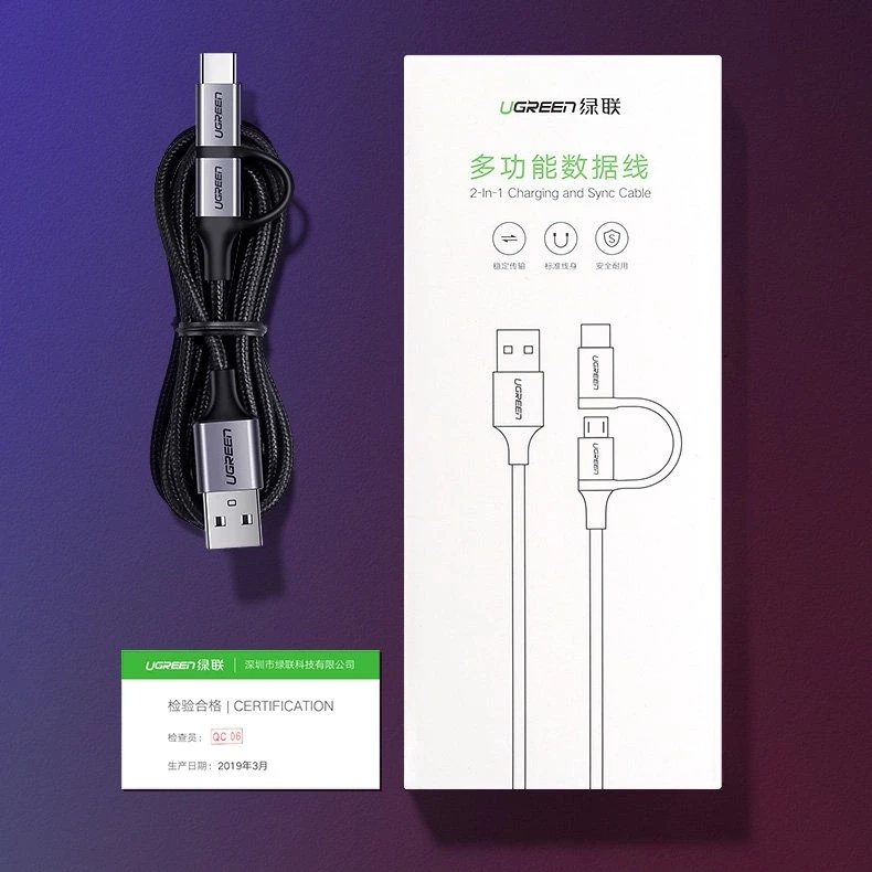 UGREEN Type-C/MicroUSB kabelis QC 3.0 1m