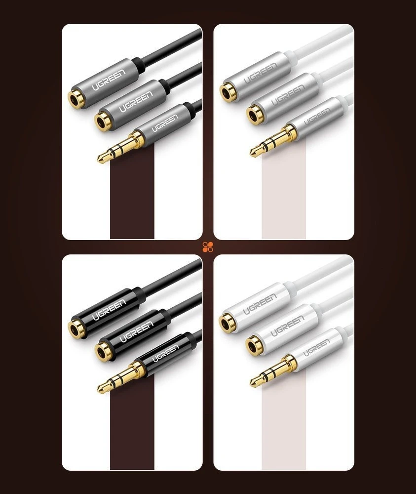 UGREEN AV123 AUX 3.5mm kištukas - 2x 3.5mm lizdai kabelis 0.25m juodas