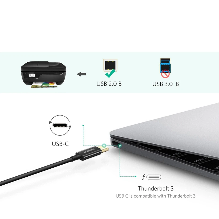 Spausdintuvo kabelis USB-C 2.0 į USB-B UGREEN US241, 1m (juodas)