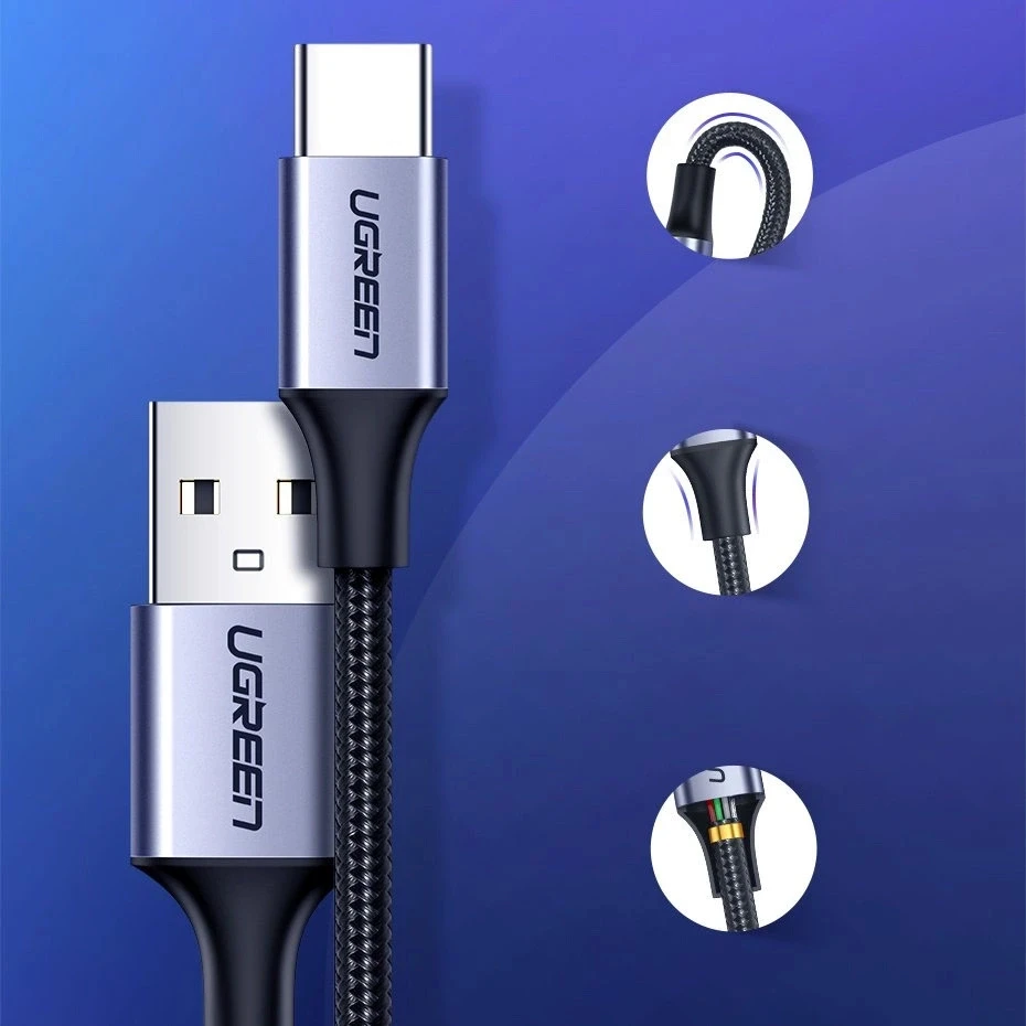 Nikeliu dengtas USB-C kabelis QC3.0 UGREEN 0.25m