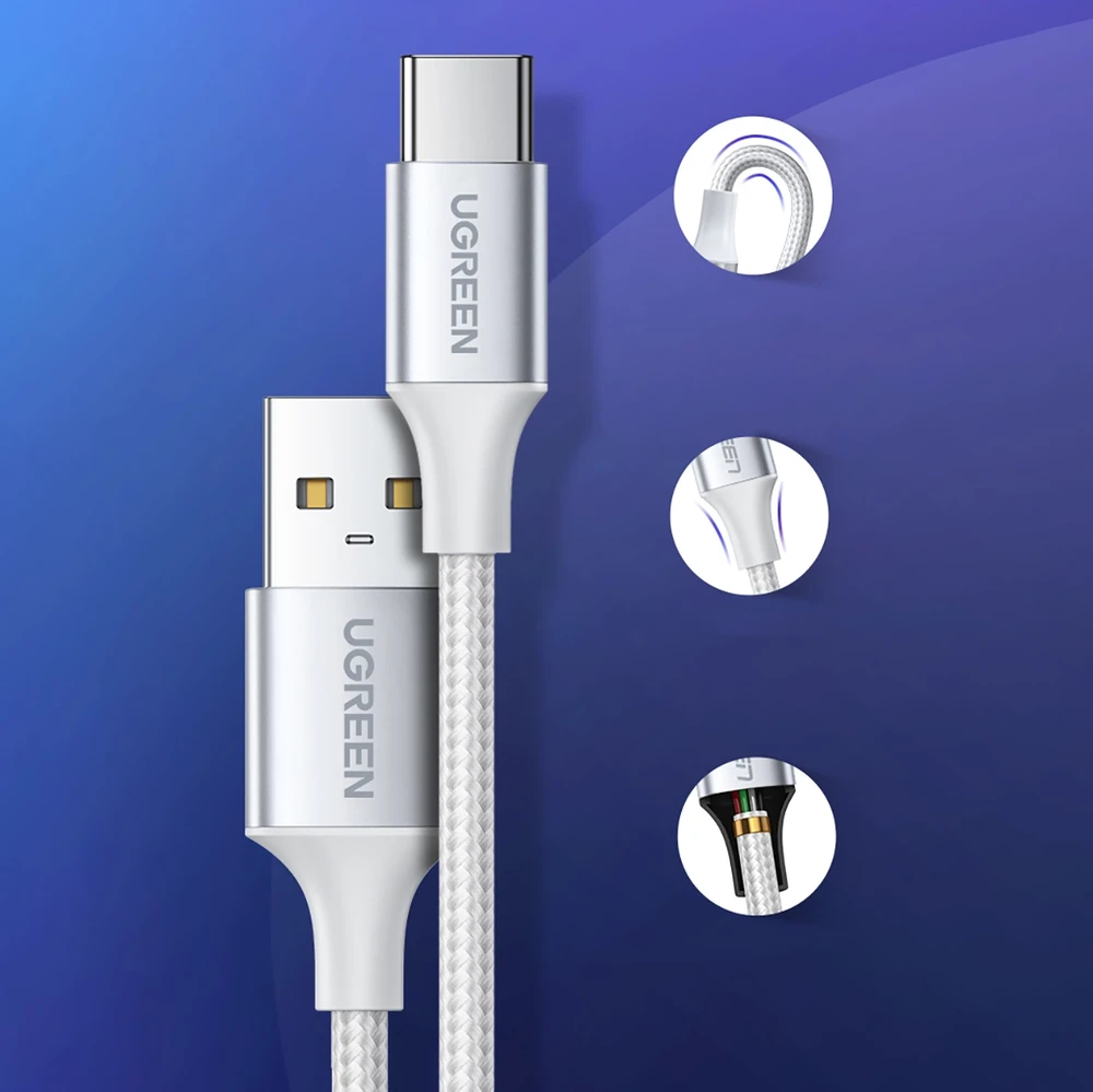 UGREEN nikeliu dengtas USB-C kabelis QC3.0 1m