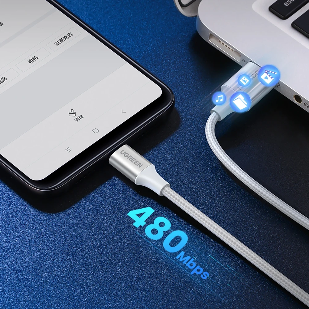 UGREEN nikeliu dengtas USB-C kabelis QC3.0 1m