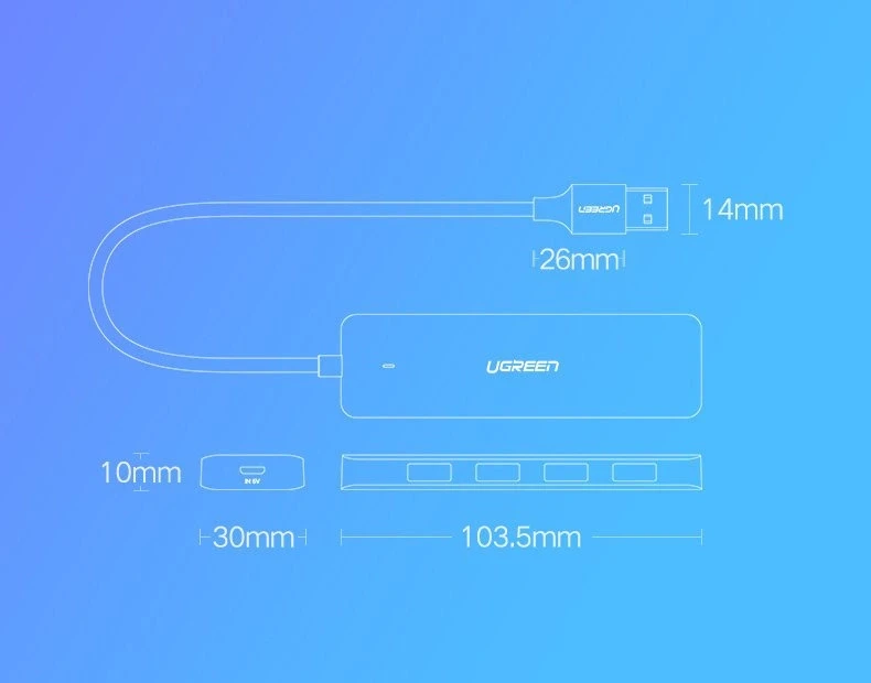 4-in-1 adapteris UGREEN USB Hub prie 4x USB 3.0 + USB-C (pilka)