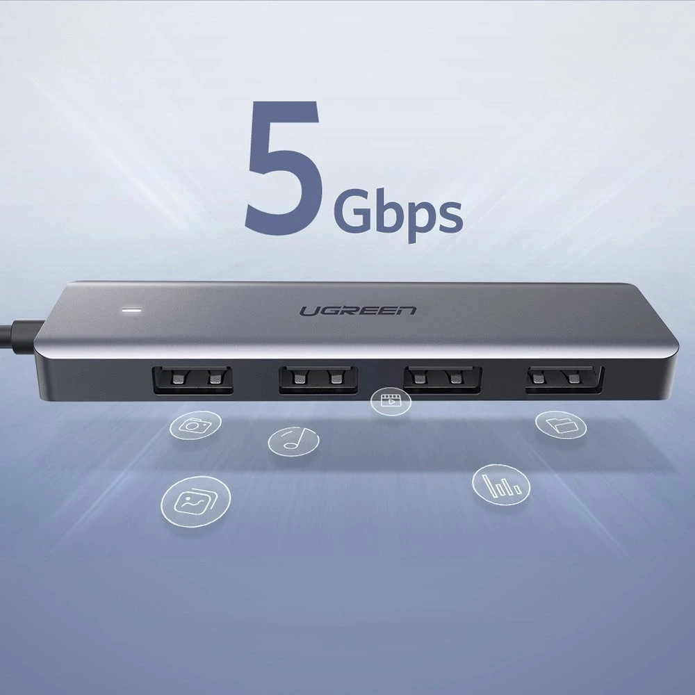 4-in-1 adapteris UGREEN USB Hub prie 4x USB 3.0 + USB-C (pilka)