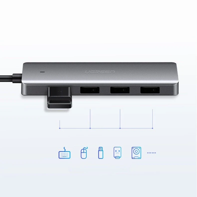 4-in-1 adapteris UGREEN USB Hub prie 4x USB 3.0 + USB-C (pilka)