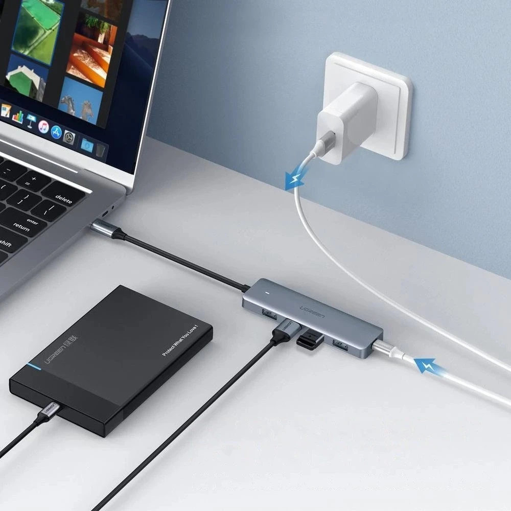 4 viename adapteris UGREEN Hub USB-C į 4x USB 3.0 + USB-C (pilkas)