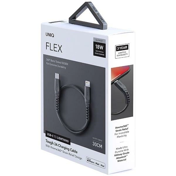 UNIQ Kabelis Flex USB-C-Lightning 18Wnylonowy 30cm pilkos spalvos