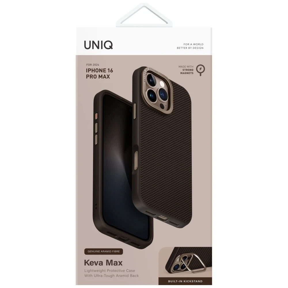 Uniq Keva Max Magclick įkrovimo kameros stovo dėklas, skirtas iPhone 16 Pro Max - rudas