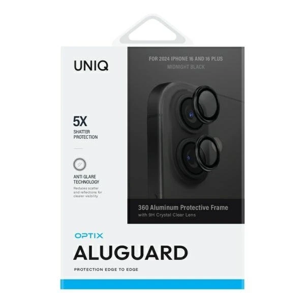 Uniq Optix aliuminio fotoaparato objektyvo apsauga iPhone 16 / 16 Plus su aplikatoriumi - juodas