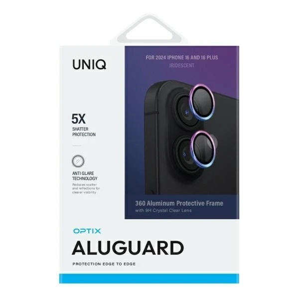 UNIQ Optix Aliuminio Camera Lens Protector Apple iPhone 16 6.1″ /16 Plus 6.7″ iridescent szkło na objektyvas