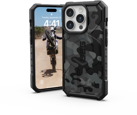 UAG Urban Armor Gear dėklas PATHFINDER, suderinamas su „Magsafe“, skirtas IPHONE 15 Pro, vidurnakčio kamufliažas