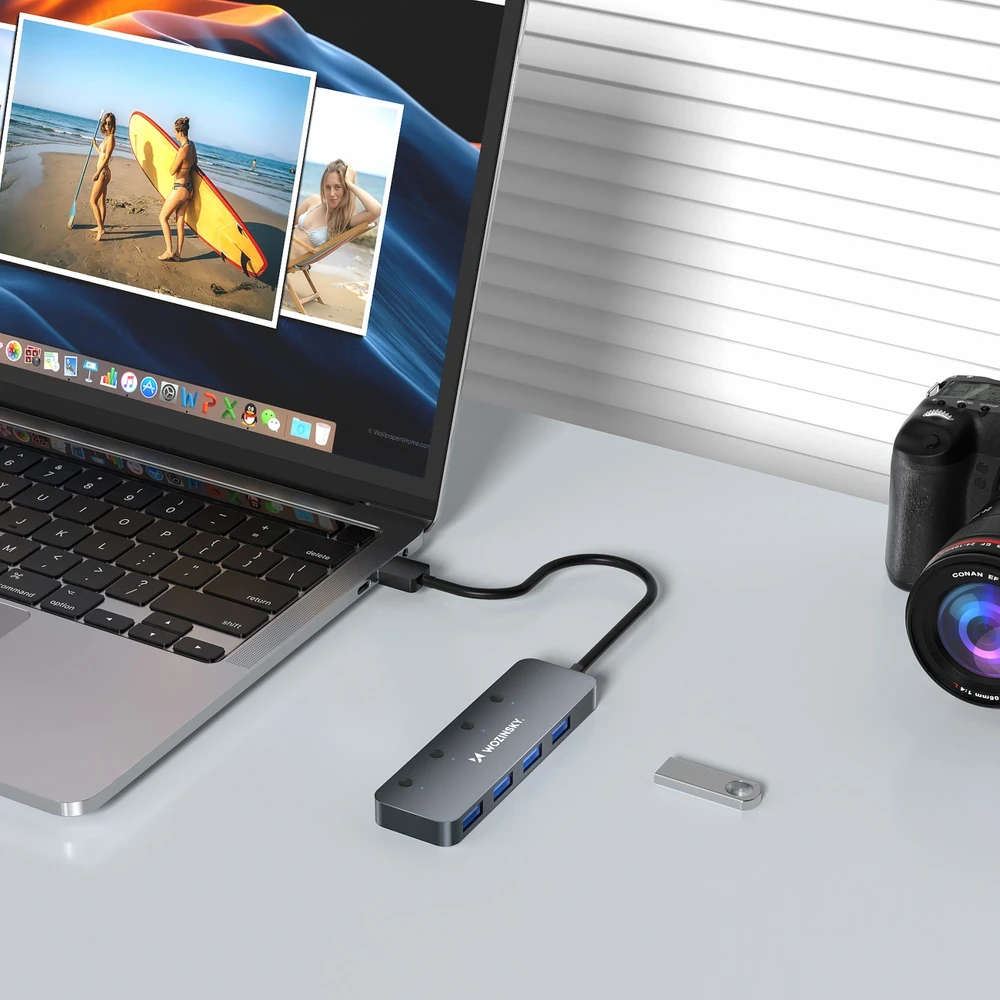USB-A šakotuvas Wozinsky WHS080YSS 4 x USB-A 3.0 su atskirais jungikliais, aliuminis, su 30 cm laidu · pilka