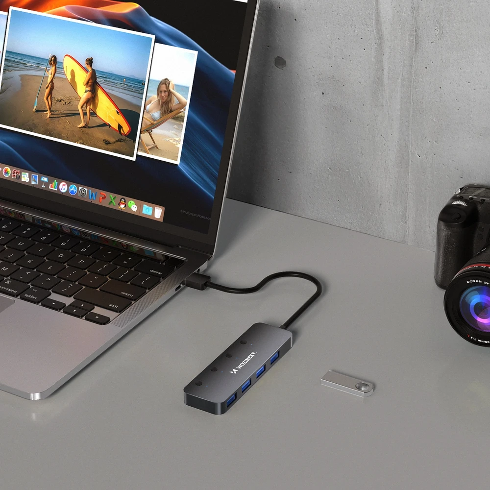 USB-A šakotuvas Wozinsky WHS080YSS 4 x USB-A 3.0 su atskirais jungikliais, aliuminis, su 30 cm laidu · pilka