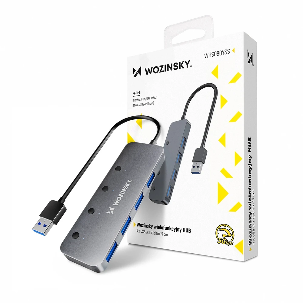 USB-A šakotuvas Wozinsky WHS080YSS 4 x USB-A 3.0 su atskirais jungikliais, aliuminis, su 30 cm laidu · pilka