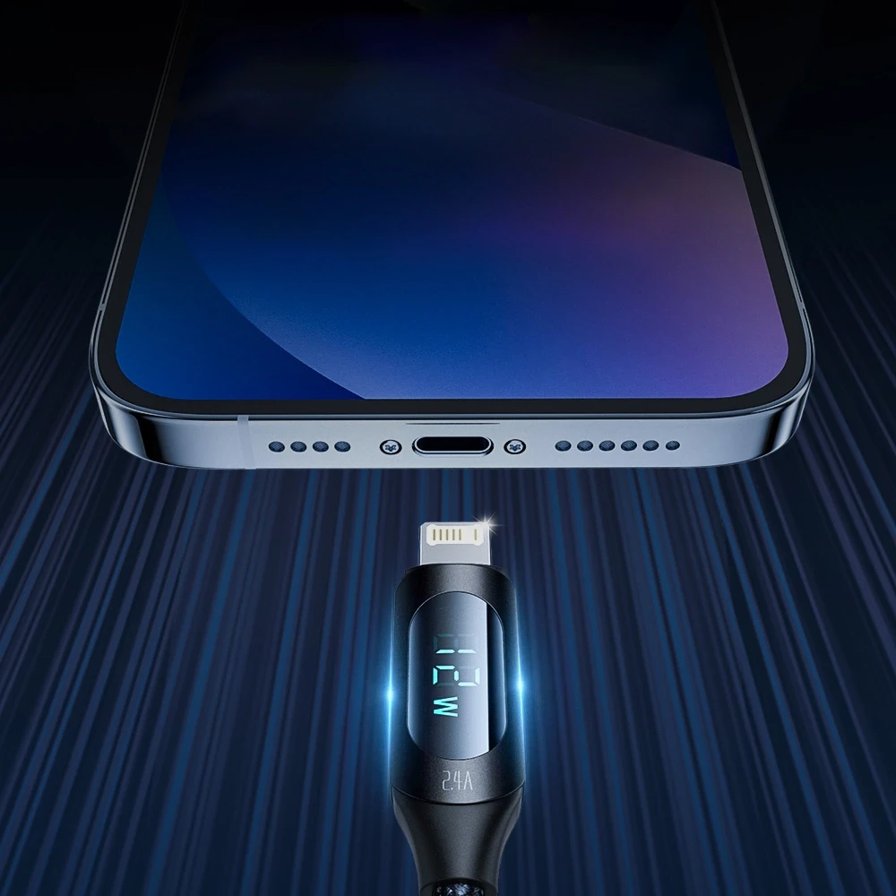 USB-A kabelis – Lightning Wozinsky WUALC2 su LED ekranu 2.4A 2m – juodos spalvos