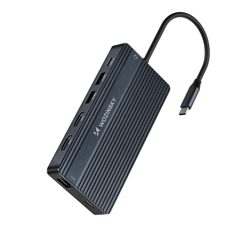 USB-C šakotuvas 14-in-1 Wozinsky WDS03Y5S daugiafunkcis, aliuminis, 3 monitoriams, su 15 cm laidu – pilkas