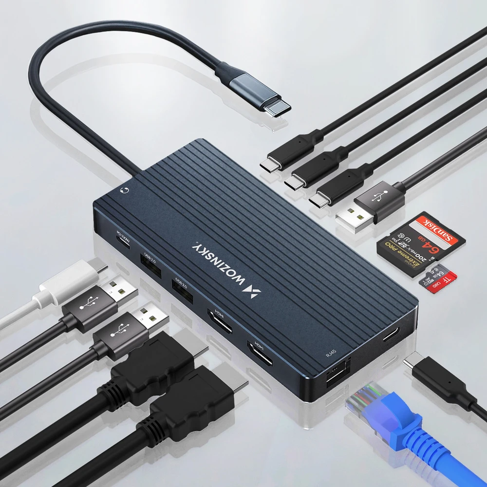 USB-C šakotuvas 14-in-1 Wozinsky WDS03Y5S daugiafunkcis, aliuminis, 3 monitoriams, su 15 cm laidu – pilkas