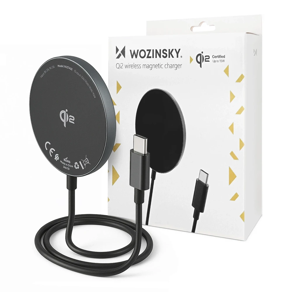 Wozinsky 15W Wireless Qi2 belaidis įkroviklis – juodos spalvos