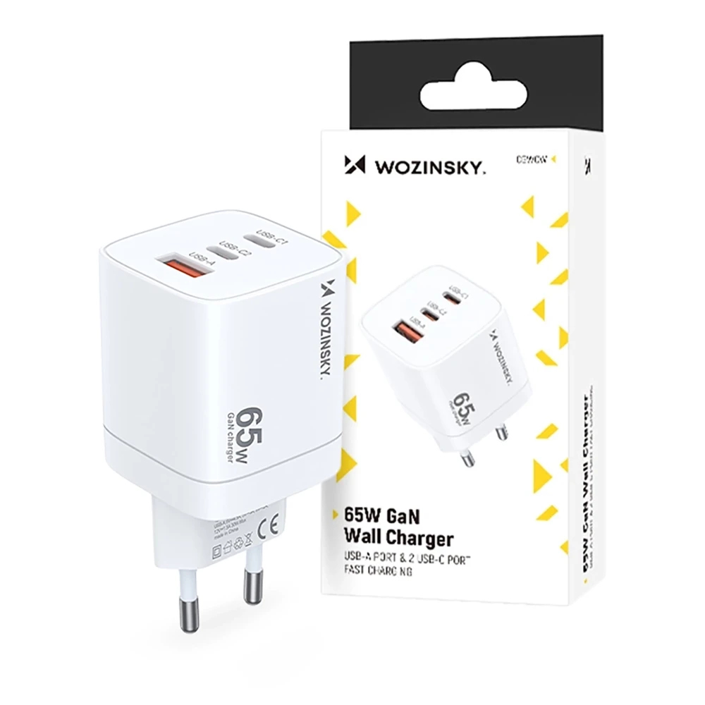 Wozinsky CGWCW 65W GaN sieninis įkroviklis USB-A / 2 x USB-C - Baltas