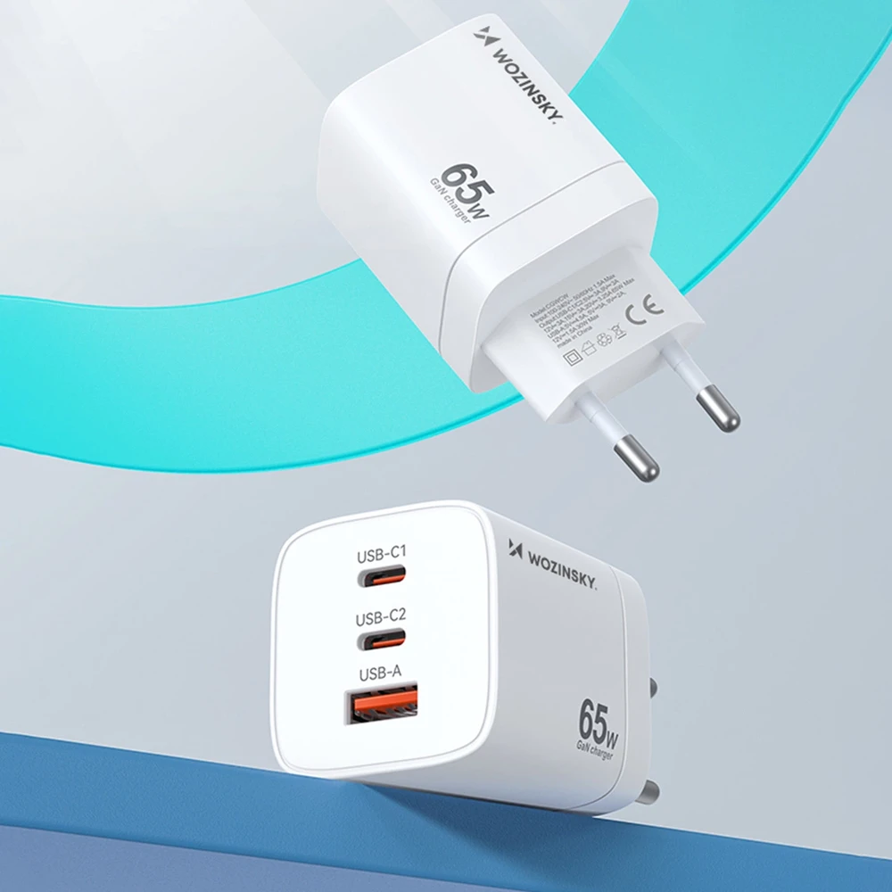 Wozinsky CGWCW 65W GaN sieninis įkroviklis USB-A / 2 x USB-C - Baltas