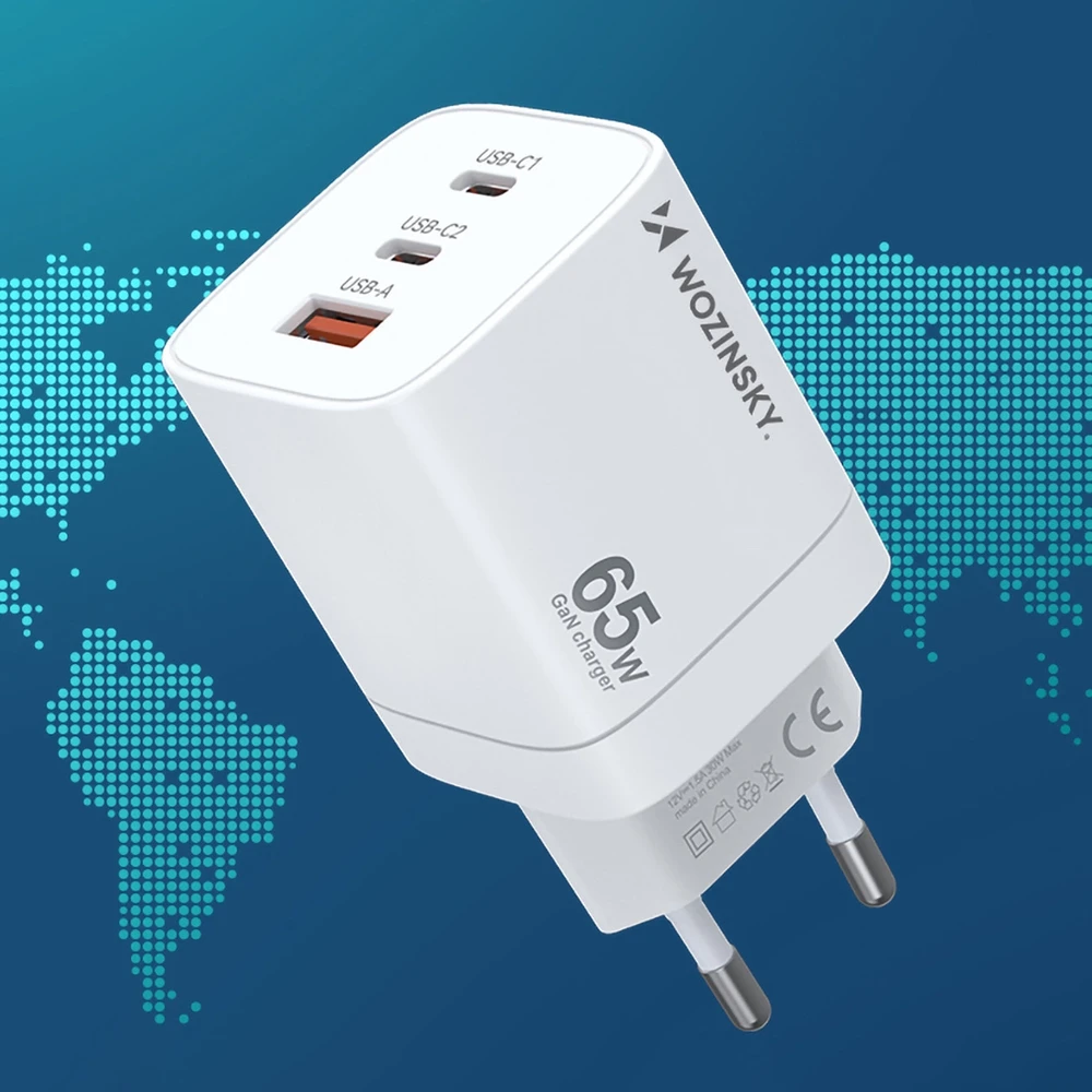Wozinsky CGWCW 65W GaN sieninis įkroviklis USB-A / 2 x USB-C - Baltas