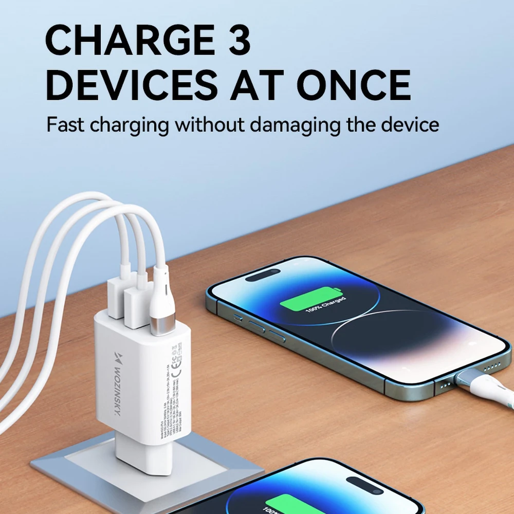 Wozinsky CWCUCW 30W USB-C / 2 x USB-A laidinis įkroviklis – baltos spalvos