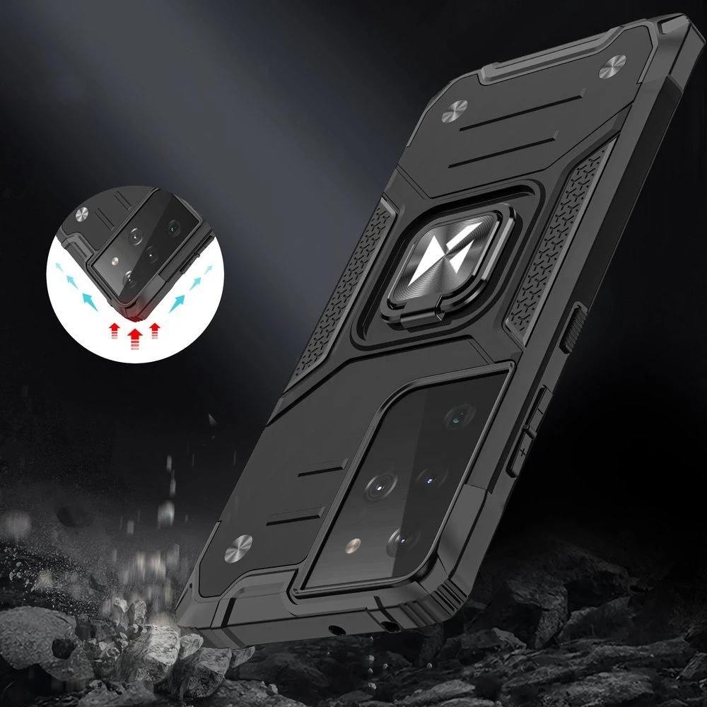 Wozinsky Ring Armor tvirtas hibridinis dėklas + magnetinis laikiklis skirtas Samsung Galaxy S22 Ultra, sidabrinis