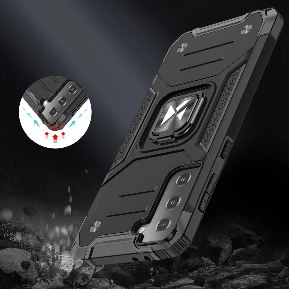 Wozinsky Ring Armor tvirtas hibridinis dėklas + magnetinis laikiklis skirtas Samsung Galaxy S22 + (S22 Plus), juodas
